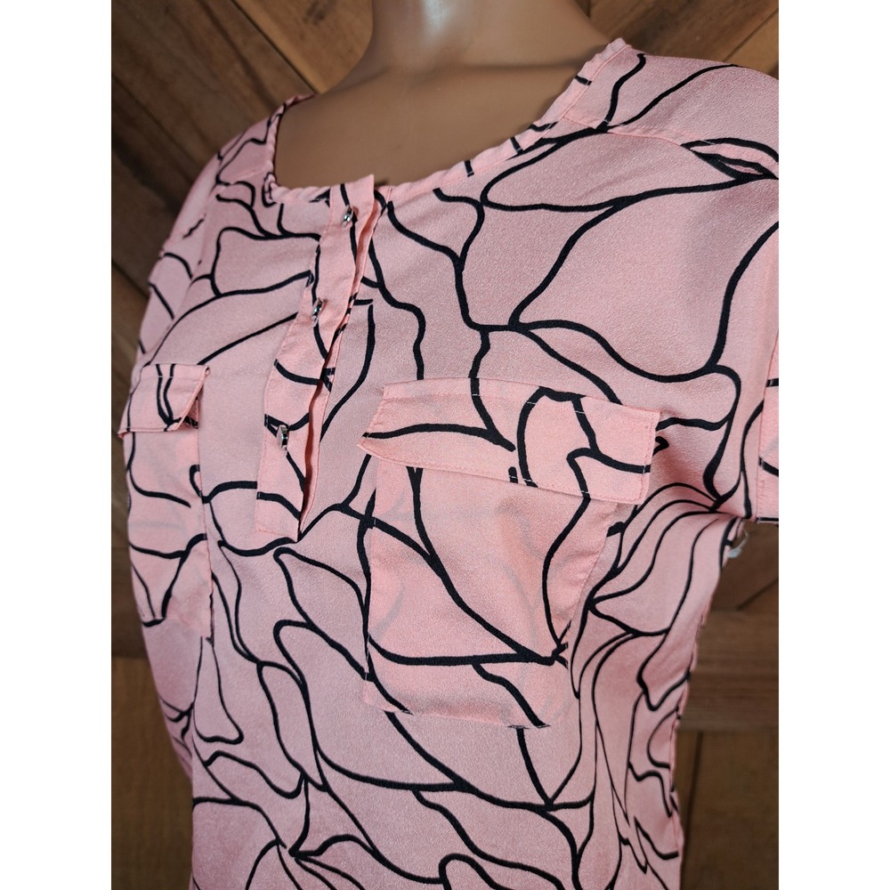 New York & Company Pink Black Abstract Floral Henley Blouse Top Womens XS
